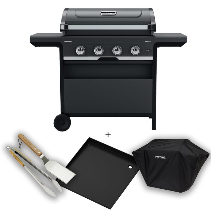 Газовий гриль Campingaz 4 Series Select L Grillset з додатковою решіткою, чохлом та набором аксесуарів, 4 сталеві пальники, термометр на кришці, система InstaClean, потужність 12 кВт