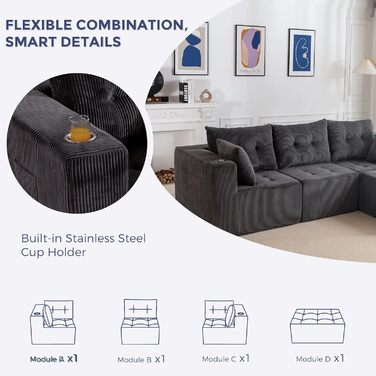 Кутовий диван MAXYOYO з вельвету з підсклянником, модульний диван, що трансформується в L-подібний та двоспальний диван, 3-місний диван без кісток для вітальні, не потребує складання, сірий, L-подібний