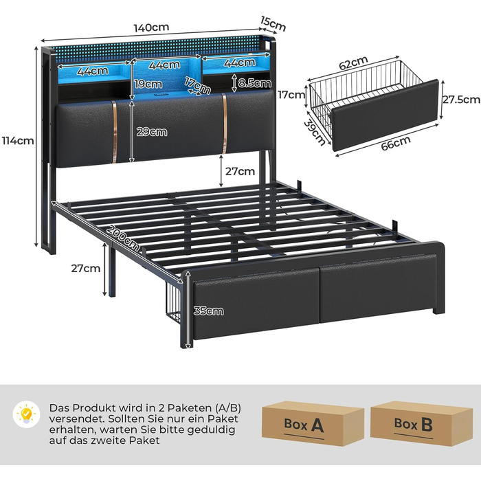 Ліжко 140x200 см, м&39яке ліжко зі світлодіодним підсвічуванням, металевий каркас ліжка, каркас ліжка з 2 шухлядами, узголів&39я з полицею та місцем для зберігання речей, розетка, двоспальне ліжко з рейковою основою, для спальні, PU чорного кольору