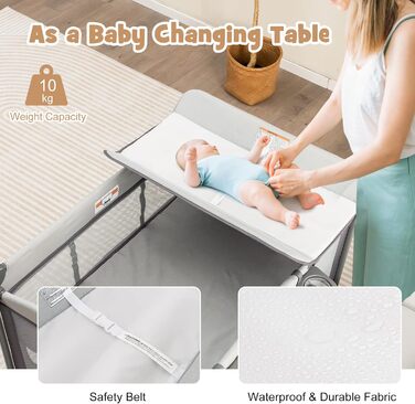 Дорожнє ліжечко GOPLUS 5-в-1 з пеленальний килимок, потовщений матрац, складне дитяче ліжечко з повітряними боковими стінками, колеса, сумка для перенесення, дитяча колиска з навісом, манеж для немовлят 0-36 місяців (сірий)