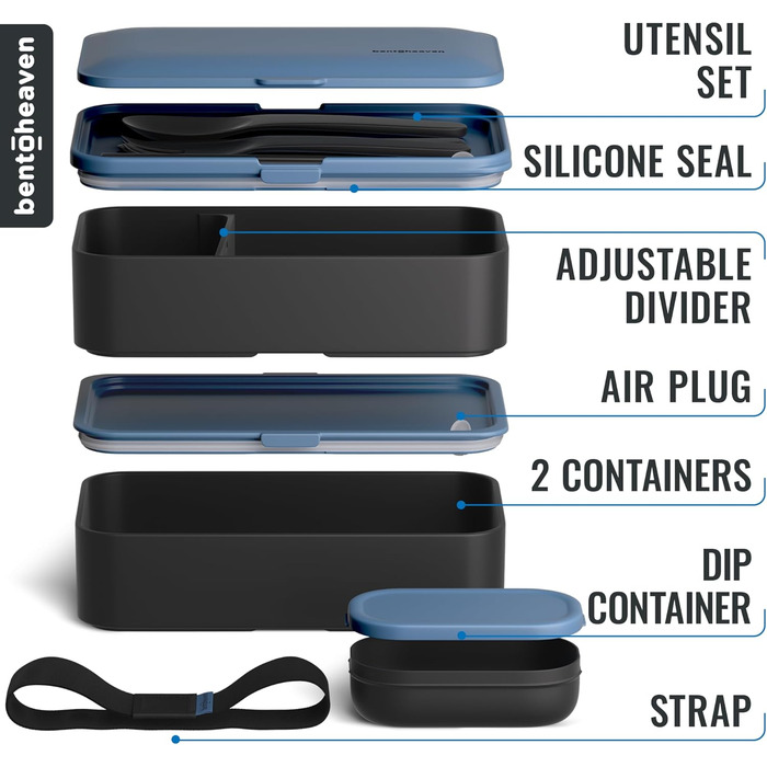 Преміум бенто-ланчбокс у 8 сучасних кольорах, 2 відділення, герметичний, з контейнером для соусу, перегородкою, японська бенто-скринька для дорослих та дітей, безпечний для мікрохвильової печі та посудомийної машини, блакитний