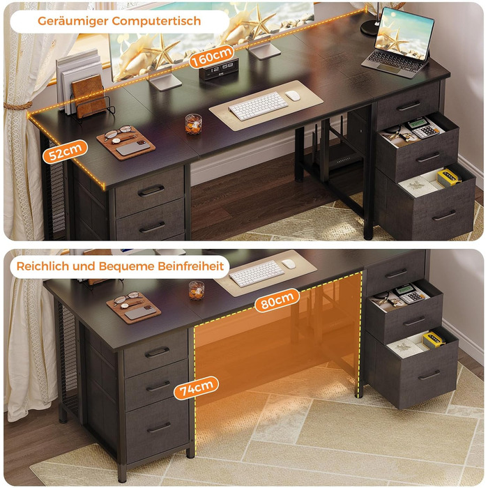 Комп&39ютерний стіл Coleshome з 6 шухлядами, 160x52 см, ПК стіл з полицями для домашнього офісу, чорний Чорний 160x52 см