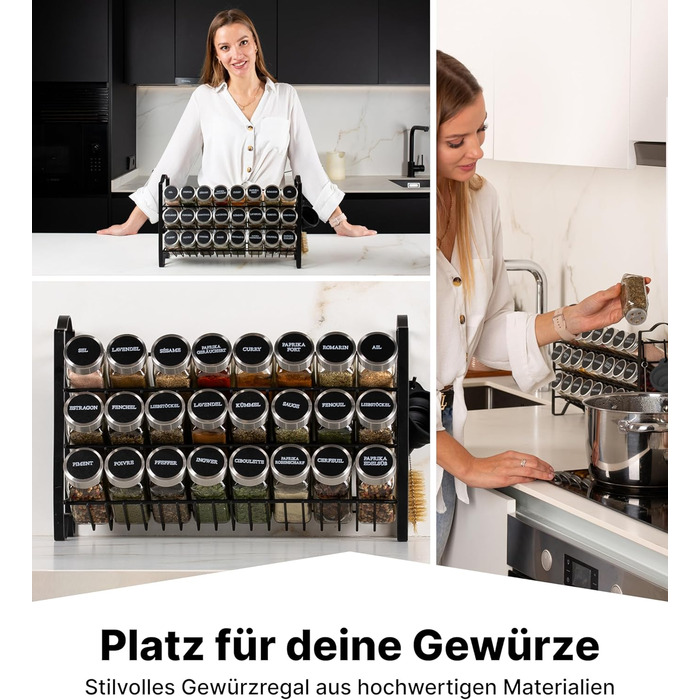 Підставка для спецій Deco haus, настінна та настінна З БАНКАМИ ДЛЯ СПЕЦІЙ ТА ЕТИКЕТКАМИ - Органайзер для спецій - Підставка для спецій - Підвісна система підставок для спецій - Зберігання спецій - Банки для спецій з полицею, чорний колір - Набір з 24 шт.
