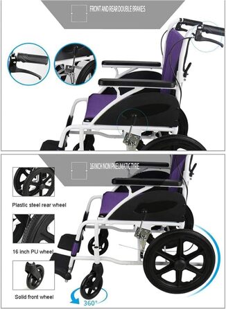 Інвалідне крісло складне алюмінієве Портативне баріатричне транспортне крісло Важке крісло колісне зі знімною подушкою сидіння та ручним гальмом для людей похилого віку, A