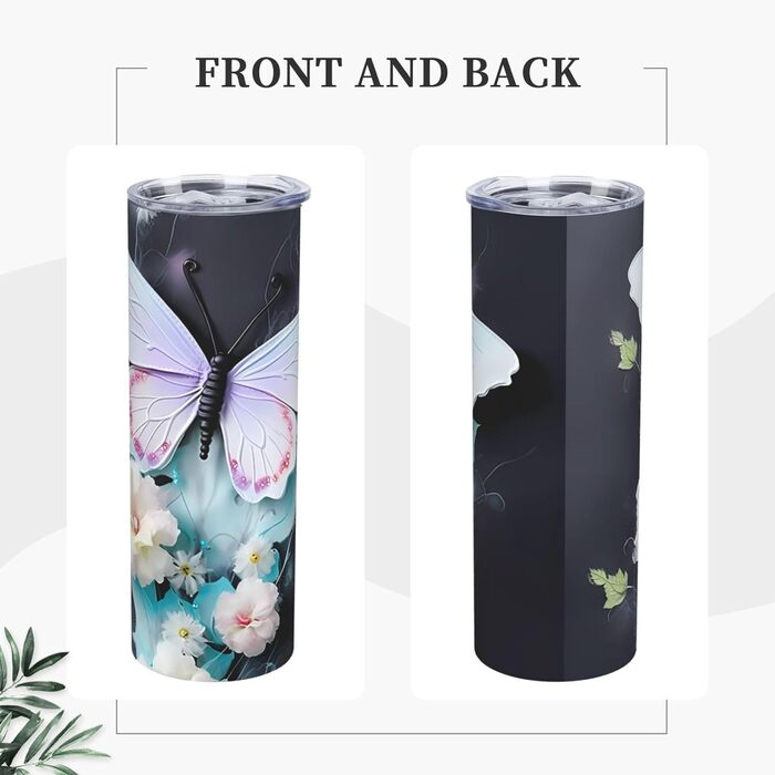 Кухоль з прямою трубочкою, 590 мл, білий метелик, принт, дорожній кухоль, підходить для кемпінгу, офісу та дому