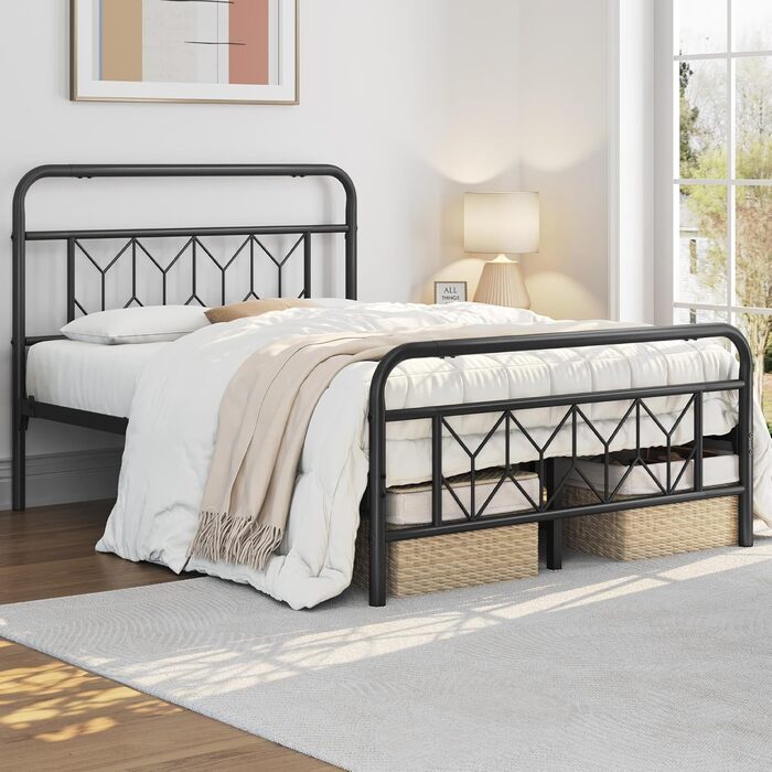 Металеве ліжко Yaheetech 140 x 200 см Вінтажний каркас ліжка з високим узголів&39ям, сучасне мінімалістичне двоспальне ліжко з рейковою основою та місцем для зберігання під ліжком для спальні, чорне 140 x 200 см