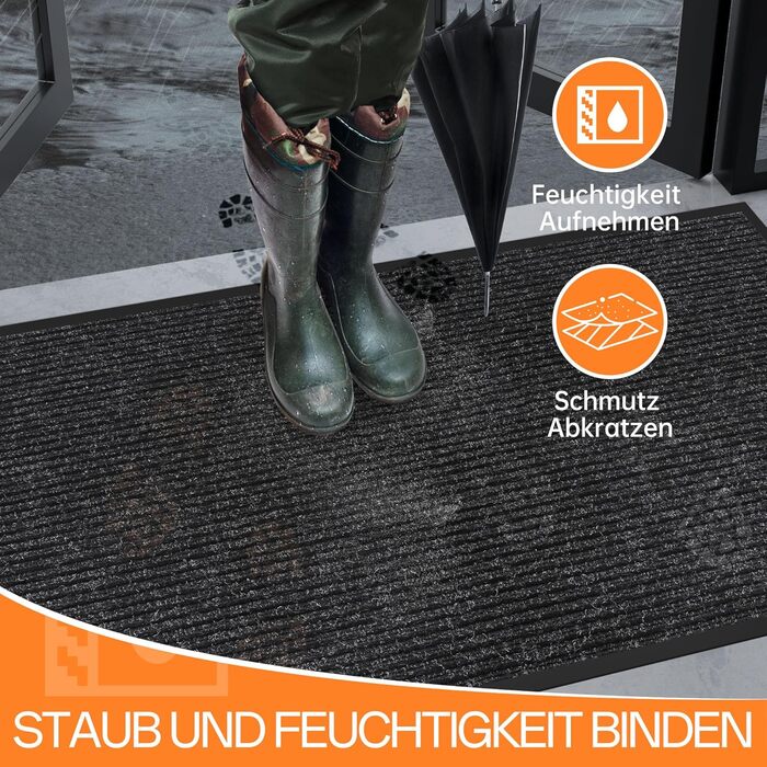 Килимок для дверей для дому/вулиці, 60 x 120 см, брудозатримуючий килимок для вхідних дверей, нековзка основа, високопоглинаючий, килимок для дому, офісу та вхідних дверей, чорний з чорними смужками, 60 x 120 см