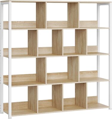 Окремостояча полиця eSituro, 4-ярусна книжкова шафа, полиця для зберігання, кухонна полиця, кутова полиця, окремостояча полиця з пристроєм проти перекидання, виготовлена з металу, 120x30x120 см, світлий дуб білий