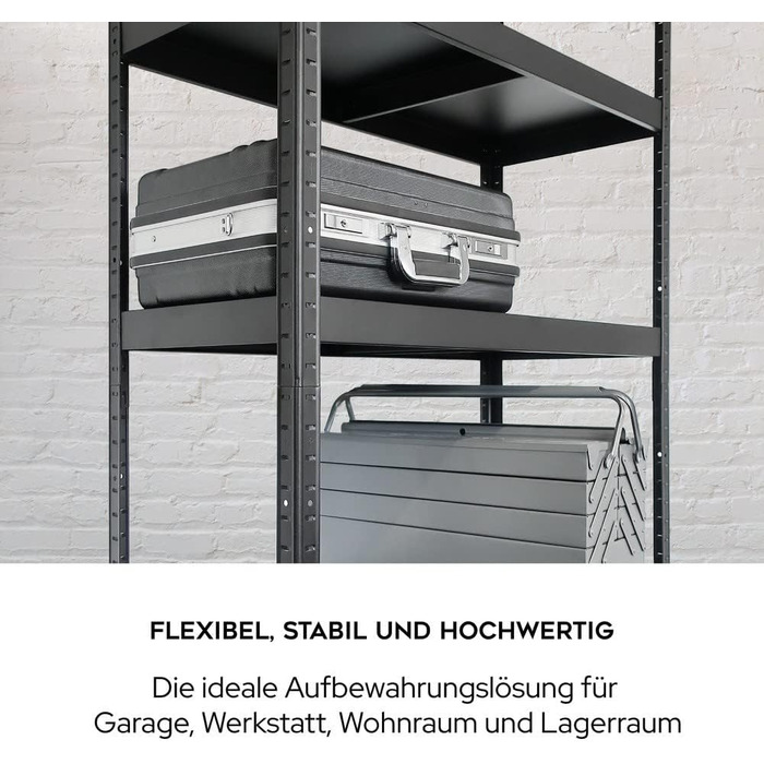 Міцний стелаж - ВxШxГ 180 x 90 x 40 см - Чорний - Вантажопідйомність 650 кг - Стелаж без болтів з 5 полицями - Навантаження на полицю 130 кг - Зроблено в ЄС - Міцний металевий стелаж - Легке складання - Для майстерні та складу