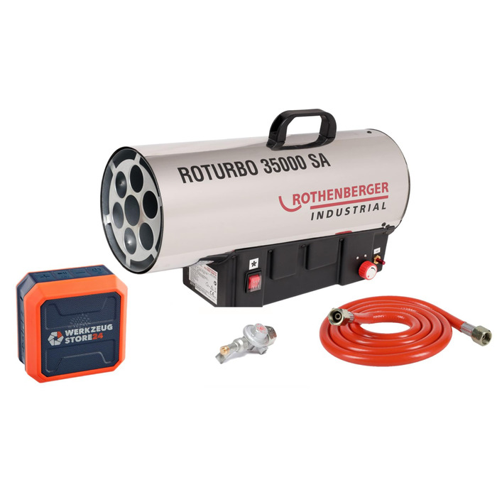 Промисловий газовий обігрівач/нагрівальна гармата Rothenberger з п&39єзоелементом, шлангом, регулятором, захистом від розриву шланга RoTurbo 35000SA 1000C Регульований Включає Bluetooth-динамік, час роботи до 30 годин RoTurbo 35000 з регульованою функцією