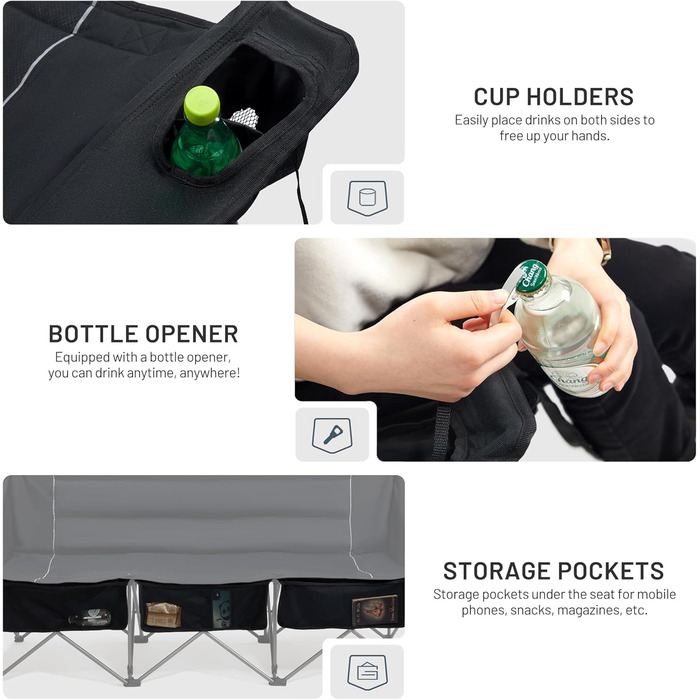 Складаний кемпінговий стілець TIMBER RIDGE для 2 осіб, велика ширина 160 см, диван XXL для кемпінгу, вантажопідйомність 320 кг, складний стілець для 2-місного кемпінгу з великими боковими кишенями, висока спинка для саду на свіжому повітрі, балкон, викори