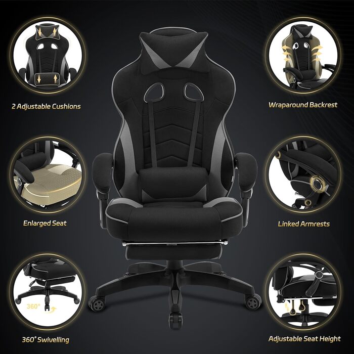 Ігрове крісло WOLTU, тканинне, прохолодне влітку, ергономічне, вантажопідйомність 150 кг, регульована спинка, ергономічна поперекова опора, підставка для ніг, офісне та ігрове крісло, чорнийсірий, еластична тканина