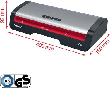 Ламінатор GBC 250 Office A4 - Швидкий прогрів за 1 хвилину, 75-125 мікрон, світлодіодний індикатор, захист від застрягання, автоматичне вимкнення, вкл. 5 пакетів для ламінування A4, чорний/червоний, 4410070EU