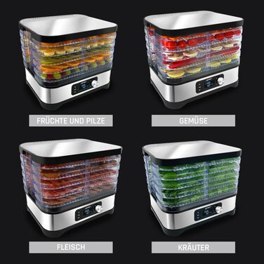 Дегідратор, 450 Вт, 4000 см2, таймер на 24 години, LED-дисплей, нержавіюча сталь INOX, без BPA, модульна конструкція, дегідратор для їжі, грибів, фруктів, м'яса, риби, овочів, 01S