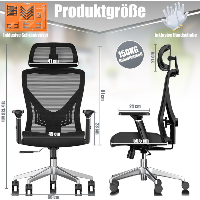 Ергономічне офісне крісло KESSER з регульованими підлокітниками Обертове крісло з поперековою опорою Зручне для спини письмове крісло з підголівником Офісне крісло з функцією нахилу до 125 та 5 гумовими колесами, чорне/сріблясте