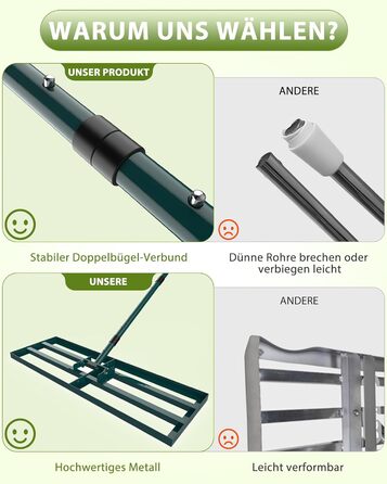 Гребінь для газону Rasen Rakel 76x25 см з ручкою 198 см, вирівнювач газону, широкий гребінь для піску, садовий аератор/гребінь для подвір'я, газону та гольф-поля (198 см, 76x25 см)