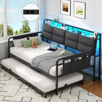 Розкладний диван-ліжко з висувним ліжком, кушетка 90x200(180x200) см, розкладна кушетка зі світлодіодним освітленням та зарядною станцією (2 розетки змінного струму, 2 порти USB), односпальне та двоспальне ліжко, гостьове ліжко сірого кольору 90x200 см/18