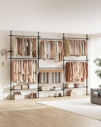 Телескопічна вішалка для одягу SONGMICS, 3-рівнева шафа, регульована по висоті та ширині, відкрита шафа з 6 шт. ангами для одягу та 3 знімними полицями, поручень, матово-чорний HSR155B01 3 ряди (240 Вт-353 Вт) см матово-чорний