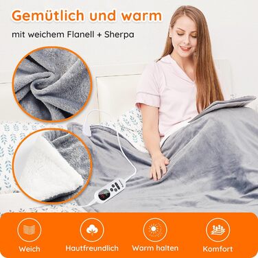 Електрична ковдра Mia&Coco з автоматичним вимкненням, 160x130 см, 10 налаштувань нагріву, 9-годинний таймер автоматичного вимкнення, захист від перегріву, можна прати в пральній машині, фланелева електрична ковдра для ліжка, дивана та вітальні, сіра, 130x