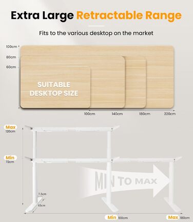 Каркас столу MAIDeSITe EL2 Plus Art з регульованою висотою та овальною конструкцією ніжок, електричний двомоторний каркас столу з регулюванням висоти від 62 до 125 см, 4 елементи керування пам&39яттю, стіл з регульованою висотою, білий