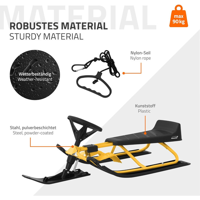 Німеччина Санки з кермом, дитячі санки від 5 років, скібоб для дітей та дорослих до 90 кг, санки з кермом, ножні гальма, тяговий т