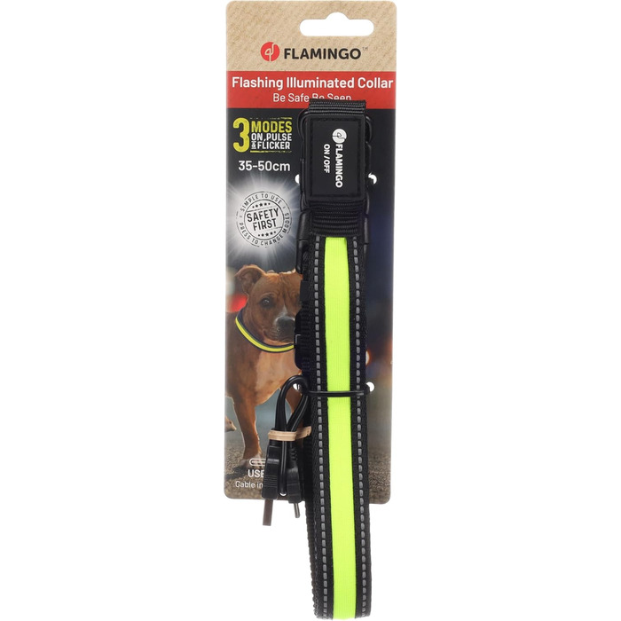 Нашийник для собак Flamingo Flitzy нейлоновий з LED підсвіткою, чорно-жовтий 35-50 см x 25 мм x 5 мм