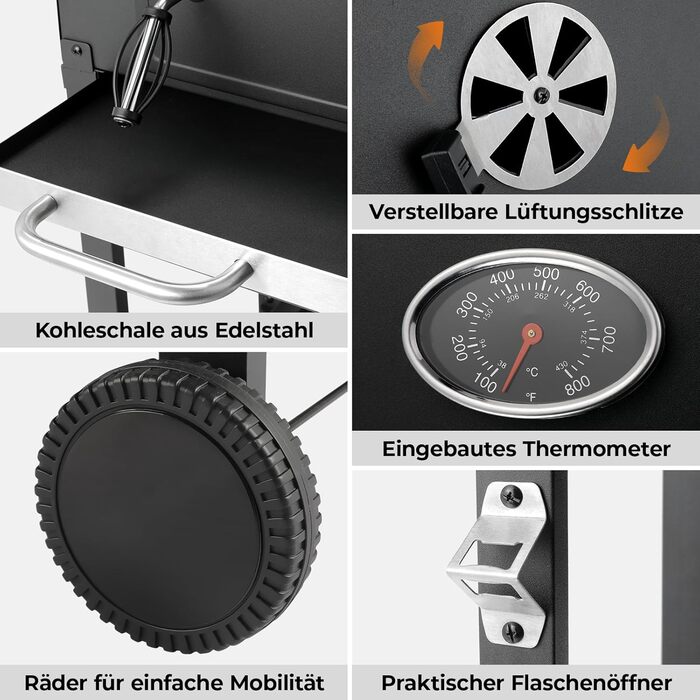 Вугільний гриль з кришкою та візком, BBQ коптильня, мобільний вугільний гриль на 2 колесах, з решіткою, термометром, компактний вугільний гриль-візок, регульований по висоті для кемпінгу та саду