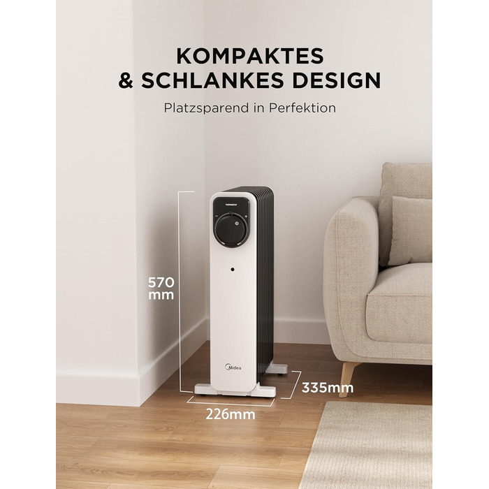 Масляний радіатор Midea, портативний електричний обігрівач потужністю 2000 Вт з 9 ребрами, поворотною ручкою керування та регульованим термостатом, 3 режими нагріву, захист від перекидання та перегріву, надзвичайно тихий для офісу та дому 9 ребер Поворотн