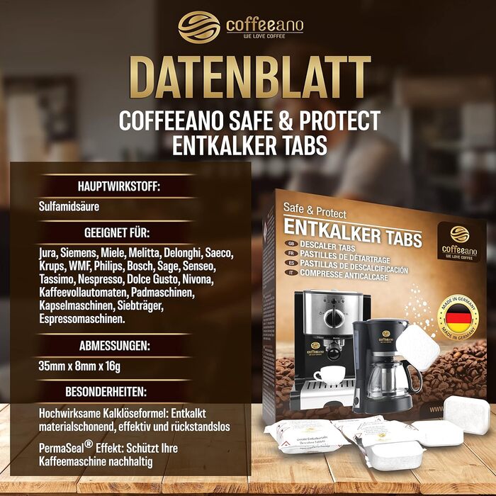 Таблетки для видалення накипу Coffeeano 50 для кавомашин та автоматичних кавоварок. Таблетки для декальцинації Delonghi, Siemens (серія EQ), Jura, Krups, Bosch, Miele, Melitta, WMF та інших. 50 таблеток