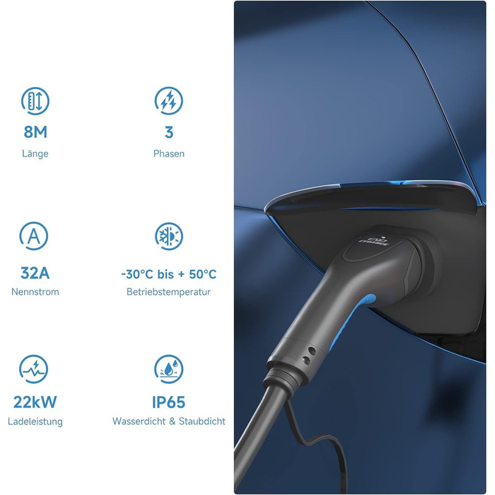 Зарядний кабель EVDANCE Type 2 22кВт 32А 8м 3-фазний Тип 2 на Тип 2 з сумкою для E Auto EV/PHEV, сумісний з 3/S/X/Y, i3, ID.3, ID.