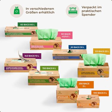 Біорозкладні пакети для сміття, 2/3 літра, 250 шт. - 26 x 29 см - 100 компостовані пакети для сміття - Вкл. диспенсер - Подарункові пакети для сміття