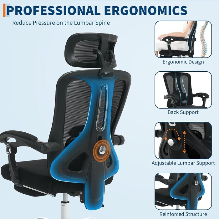 Офісне крісло Garvee з підставкою для ніг, ігрове крісло з сітки, регульоване по висоті, витримує навантаження до 150 кг, ергономічне робоче крісло, регульований підголівник та поперекова опора, надзвичайно широке, зручне чорного кольору