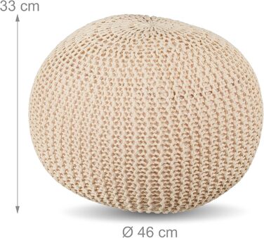 В&39язаний пуф Relaxdays, ВxГ 33 x 46 см, наповнювач з полістиролу, кругла подушка на підлогу, табурет у стилі бохо, пуф із сидінням, бежевий