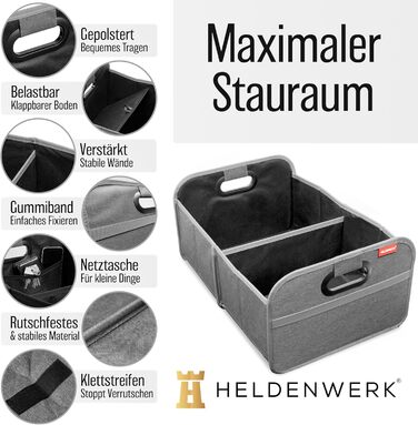 Сумка для багажника HELDENWERK, складана з антиковзким кріпленням на липучках - органайзер для авто, складана коробка для покупок, посилена та міцна, сіра
