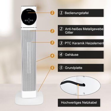 Електричний вентилятор-обігрівач, керамічний нагрівач PTC потужністю 2500 Вт з коливаннями 90, 9-годинним таймером та захистом від перегріву/перекидання, компактний та тихий, енергозберігаючий для офісів