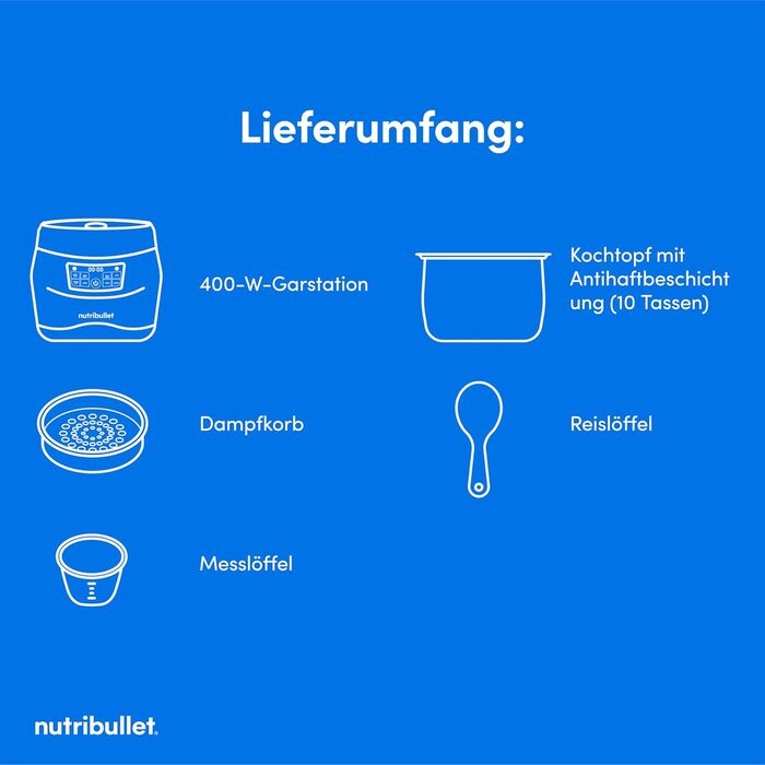 Мультифункціональна рисоварка nutribullet EveryGrain Cooker, на 10 чашок, 5 автоматичних програм, функція підігріву 12 год, з ложкою та вставкою, 600 Вт, сіра (NBRC605DG)