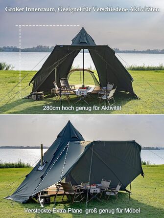 Намет TOMOUNT, бавовняний індіанський намет, високий коник 2,8 м, для 6-8 осіб, пірамідальний намет з отвором для плити, 4-сезонний кемпінговий намет для активного відпочинку, кемпінгу, пішого туризму, трекінгу, зелений