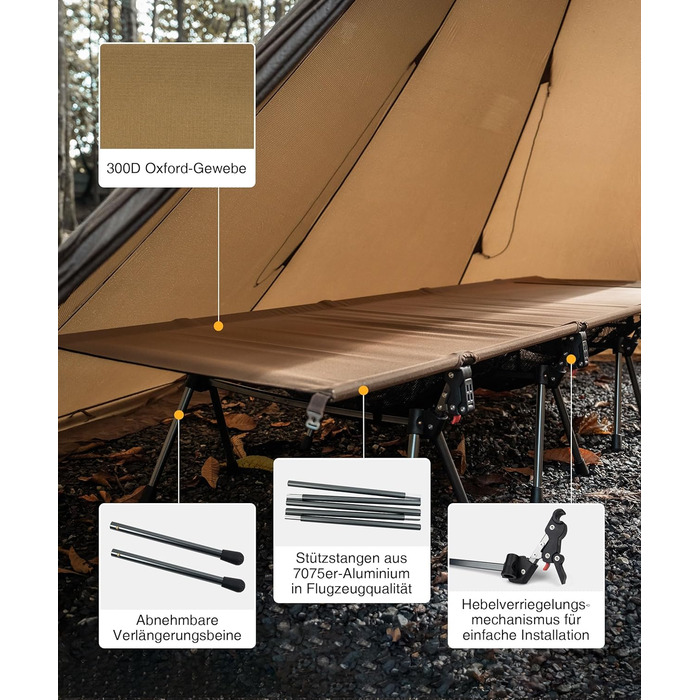 Складане похідне ліжко XXL, портативне кемпінгове ліжко, легке, складне, кемпінгове ліжко до 180 кг для намету, на природі, в подорожах, саду, в офісі (220 * 80 см) кольору койотового коричневого
