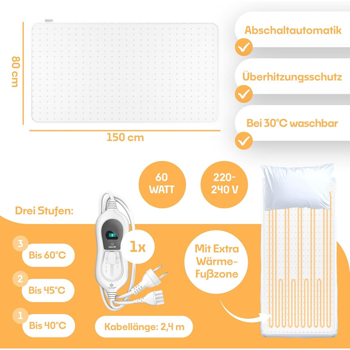 Підлога KESSER з підігрівом 150x80 см з автоматичним вимкненням та дистанційним керуванням Підлога з 3 температурними режимами Підігрів наматрацника М&39яка флісова підігріта ковдра, біла, 150 x 80 см - однотонна