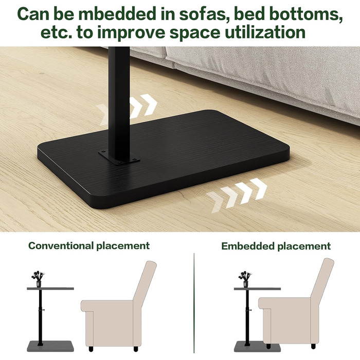 Журнальний столик IBUYKE C-подібної форми, обертовий на 360 та регульований по висоті, для вузьких приміщень, з відсіком для телефону та планшета, для вітальні, спальні, чорний TVT003B Стандарт - Без нахилу Чорний