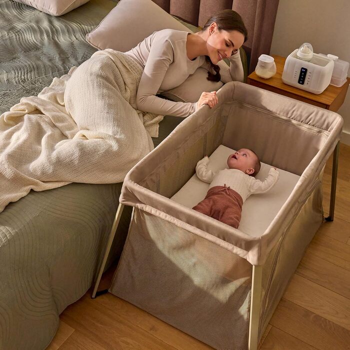 Дорожнє ліжечко/манеж Lionelo Alice 3-в-1 для дітей вагою від 0 до 15 кг, з поролоновим матрацом, 2 налаштування висоти, складне, компактне, легке, з боковим входом та бежевою дорожньою сумкою