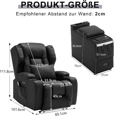 Електрично регульоване крісло-реклайнер з функцією відкидання спинки, крісло для телевізора зі штучної шкіри з масажем та підігрівом, сучасне кінокрісло зі світлодіодним підсвічуванням/USB, до 150 кг (чорне, 1 крісло-реклайнер з консоллю) Чорне 1 крісло-р