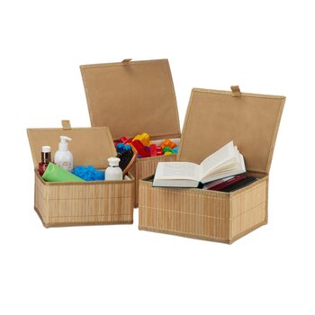 Кошик для зберігання Relaxdays 10024308126, набір із 3 предметів, з кришкою та тканинною підкладкою, бамбуковий кошик, декоративна коробка для зберігання, 3 розміри, натуральний, натуральні кольори