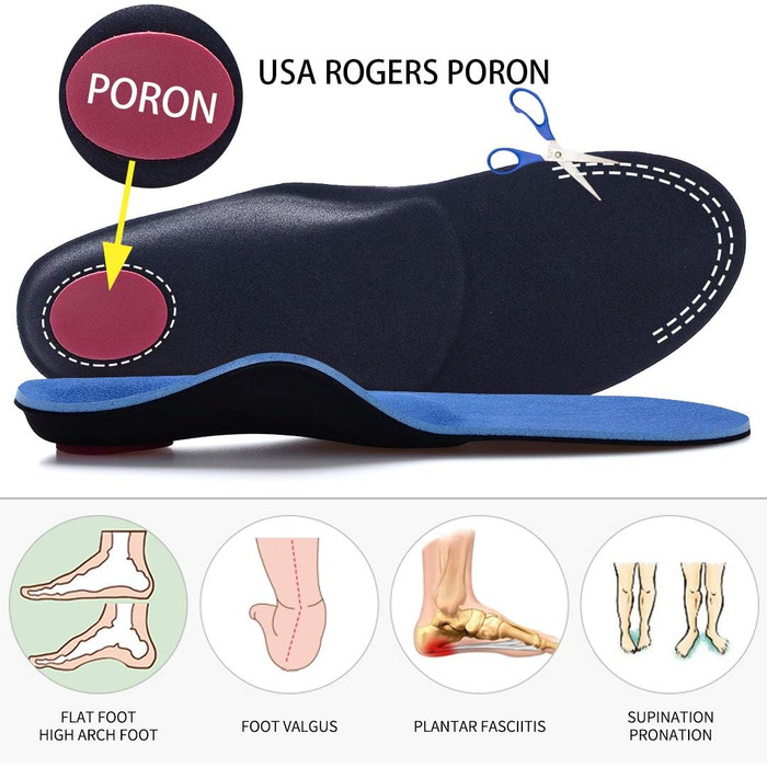 Ортопедичні устілки VALSOLE для жінок та чоловіків, висока підтримка стопи, м&39які функціональні вкладки для взуття при плоскостопості, плантарному фасціїті, болю в стопі 37-38 EU 24 см синього кольору