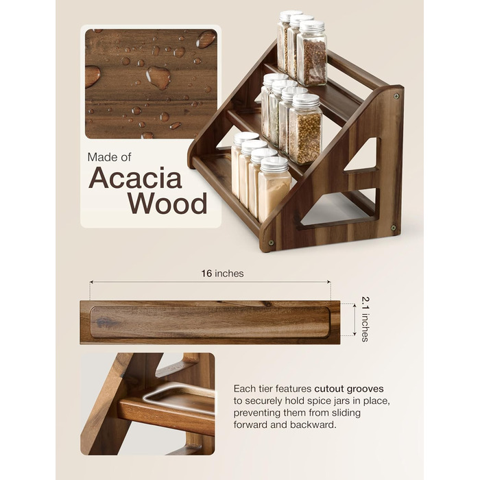 Стійка для спецій Tinamo з акації, 3-рівнева підставка для спецій для стільниці або шафи, кухонний органайзер для спецій та полиця для органайзера для спецій (горіх)