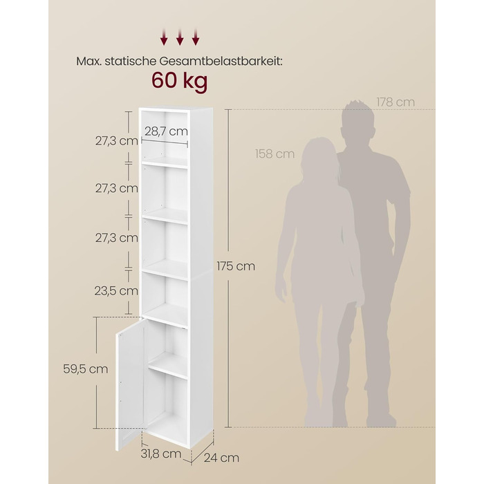 Колекція Custos - Книжкова полиця, висока 6-ярусна, окремостояча полиця з дверцятами, відкрита полиця для зберігання, 24 x 31,8 x 175 см, для вітальні, домашнього офісу, їдальні, хмарно-білий LBC401W01 31,8B см хмарно-білий