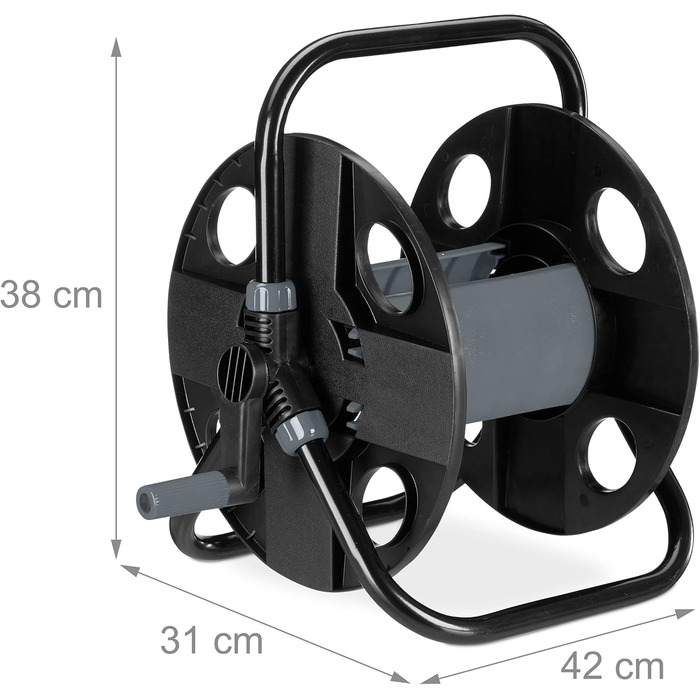 Котушка для шланга Relaxdays, 30 м, 1/2, сталь, пластик, тримач шланга, 38 x 42 x 31 см, чорний/сірий