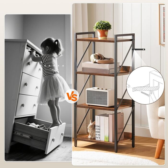 Книжкова полиця HOOBRO, стояча полиця, полиця-драбина, окремостояча вузька полиця, офісна полиця з 4 ярусами, відкриті полиці, для вітальні, спальні, офісу, кухні, рустикальний коричневий та чорний EBF40SJ01 42 x 28 x 102 см рустикальний коричневий чорний