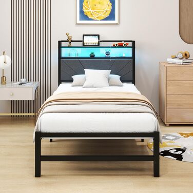 М&39яке ліжко 90x200 см, металеве ліжко, односпальне ліжко, каркас ліжка зі світлодіодним освітленням та зарядною станцією, каркас ліжка з місцем для зберігання речей, дитяче ліжко, гостьове ліжко, каркас ліжка з узголів&39ям, темно-сірий колір 90 x 200 с