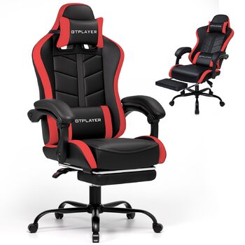 Ігрове крісло GTPLAYER, офісне крісло, геймерське крісло, ергономічне ігрове крісло з підставкою для ніг, крісло для ПК зі штучної шкіри з розширеною спинкою, вантажопідйомність 150 кг, червоне
